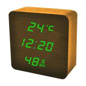 часы сетевые vst-872s-4 зеленые, (корпус коричневый) температура, влажность, usb, оптом, купить