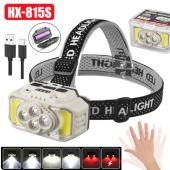 фонарь налобный hx-815s-4xpe+2cob(white+red), motion sensor, waterproof, 1x18650, зу type-c, box, оптом, купить