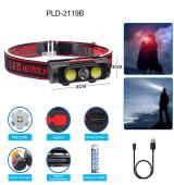 фонарь налобный pld-2119b-xpe+2cob(white+red), 1х18650, зу type-c, box, оптом, купить