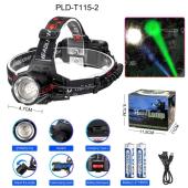 фонарь налобный pld-t115-2pm10-tg(white+green), 2x18650, зу type-c, zoom, box, оптом, купить