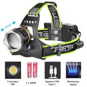 фонарь налобный bl-a7-p50, 1 режим, 2x18650, зу type-c, zoom, box, оптом, купить