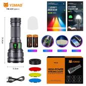 фонарь yemao ym-a9 9led, 2x26650, power bank, зу type-c, колпачек, 3 фильтра, оптом, купить