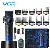 аккумуляторная машинка для стрижки (clipper) vgr v-001 blue, 10 насадок, 9000 rpm, 4600 mah, led light, led display, оптом, купить