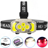 фонарь налобный hx-815s-4xpe+2cob(white+red), motion sensor, waterproof, 1x18650, зу type-c, box, оптом, купить