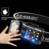 фонарь налобный x52-2led+6smd(rgb), motion sensor, индикация аряда, li-ion аккум., зу type-c, клипса, магнит, box, оптом, купить
