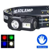 фонарь налобный  t131-xpe+3smd(red+green+blue+uv), motion sensor, li-ion аккум, магнит, клипса, зу type-c, box, оптом, купить