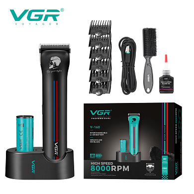 аккумуляторная машинка для стрижки (clipper) vgr v-160  black, 6 насадок, 8000rpm, оптом, купить
