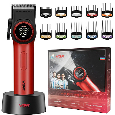 аккумуляторная машинка для стрижки (clipper) vgr v-001 red, 10 насадок, 9000 rpm, 4600 mah, led light, led display, оптом, купить