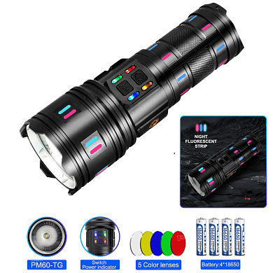 фонарь night vision fluorescence ak177-1 white laser led pm60-tg, 4х18650, power bank, индикация заряда, зу type-c, zoom, 5 фильтров, оптом, купить