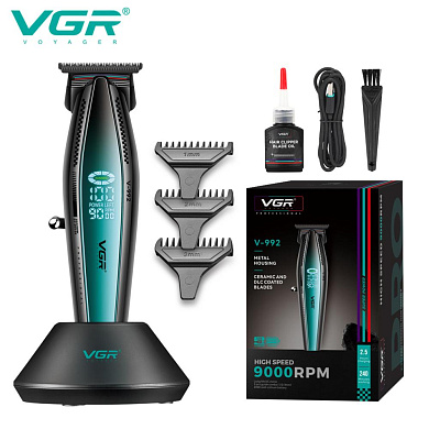триммер vgr v-992 green, 9000 rpm, 2000 mah, 3 насадки, led display, оптом, купить