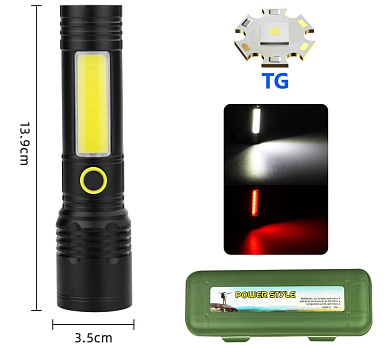 фонарь bn-537-tg+cob(white+red), li-ion аккумулятор, зу type-c, zoom, оптом, купить