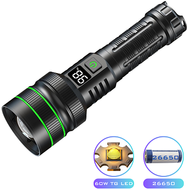 фонарь bl-tk-x1-tg-60w, 1x26650, power bank, зу type-c, zoom, box, оптом, купить