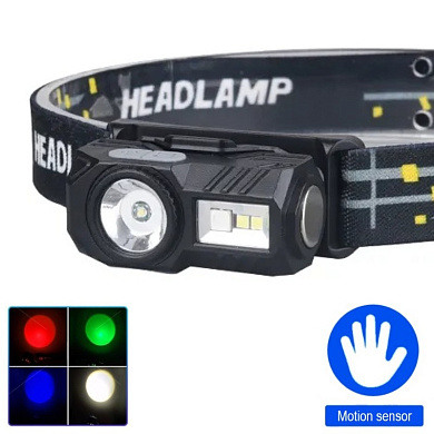фонарь налобный  t131-xpe+3smd(red+green+blue+uv), motion sensor, li-ion аккум, магнит, клипса, зу type-c, box, оптом, купить