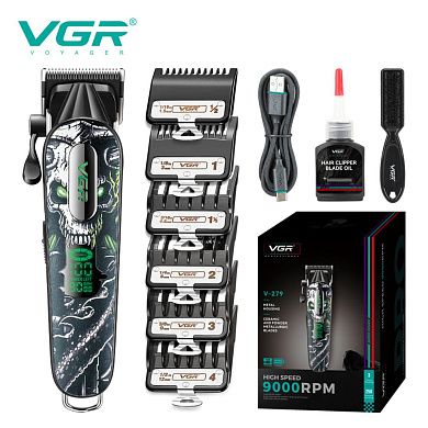 аккумуляторная машинка для стрижки (clipper) vgr v-279 green, 6 насадок, 9000 rpm, 2500 mah, led display, оптом, купить