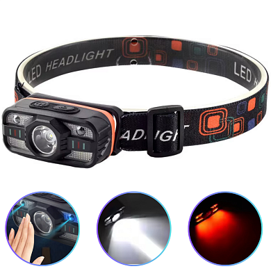 фонарь налобный wh-0188-xpe+smd(white+red), motion sensor, li-ion аккумулятор, зу type-c, оптом, купить