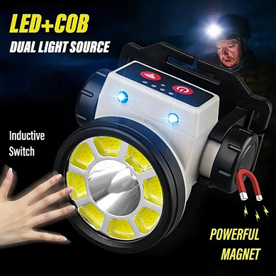 фонарь налобный pld-ly004-xpe+cob, motion sensor, li-ion аккум, индикация заряда, магнит, зу type-c, box, оптом, купить