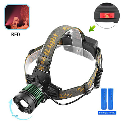 фонарь налобный 2188-xpe(red), 2х18650, signal light, зу microusb, zoom, box, оптом, купить