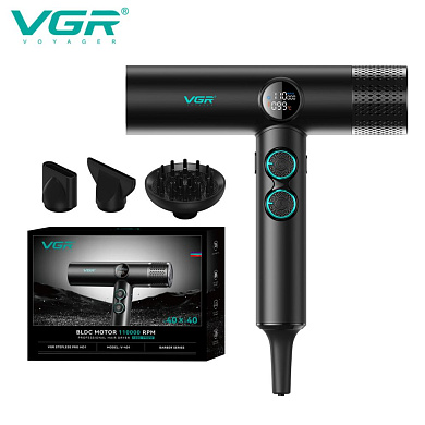 фен профессиональный vgr v-401 black, 40 уровней обдува 70000 - 110000 rpm, 40 уровней температуры 60°c - 100°c, 3 насадки, оптом, купить