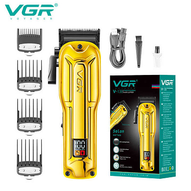 аккумуляторная машинка для стрижки (clipper) vgr v-138 gold, 4 насадки, 7000 rpm, 2500 mah, led display, оптом, купить