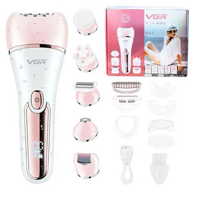 набор для женщин vgr v-733 6 в 1 pink, электробритва,  эпилятор, массажер, шлифовка ступней, щеточка для лица, беспроводной, оптом, купить
