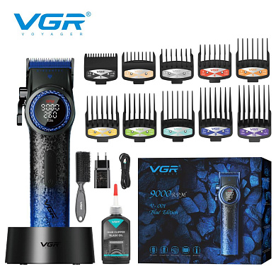 аккумуляторная машинка для стрижки (clipper) vgr v-001 blue, 10 насадок, 9000 rpm, 4600 mah, led light, led display, оптом, купить
