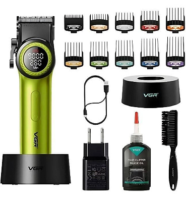 аккумуляторная машинка для стрижки (clipper) vgr v-001 green, 10 насадок, 9000 rpm, 4600 mah, led light, led display, оптом, купить