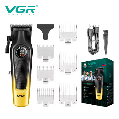 аккумуляторная машинка для стрижки (clipper) vgr v-196 gold, 8 насадок, 7000 rpm, 2000 mah, led display, оптом, купить