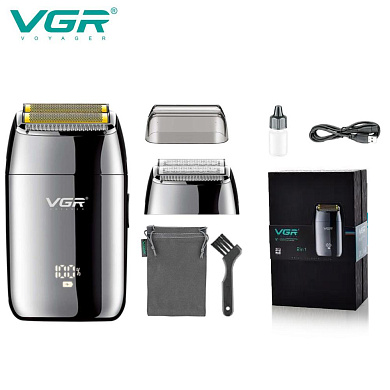 электробритва vgr v-399 шейвер silver, влагостойкая, дополнительная насадка, led display, металлическая, оптом, купить
