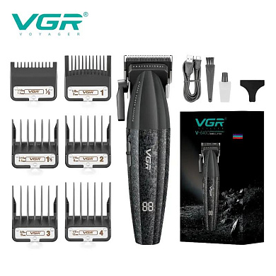 аккумуляторная машинка для стрижки (clipper) vgr v-640c black, 6 насадок, led display, 9000rpm, оптом, купить
