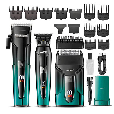 комплект vgr 3 в 1 v-694 green аккумуляторная машинка для стрижки (clipper), триммер и электробритва (шейвер), оптом, купить