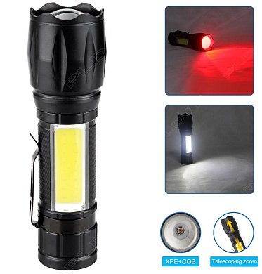 фонарь w601-xpe(red)+cob(white), li-ion аккум., зу type-c, zoom, box, оптом, купить