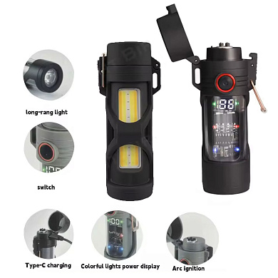 фонарь multifunctional d66-cob, li-ion аккумулятора., индикация заряда, зажигалка, зу type-c, box, оптом, купить