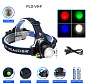 Фонарь налобный PLD-V9-F-4XPE (WHITE+RED+BLUE+GREEN), 2x18650, ЗУ Type-C, zoom, Box