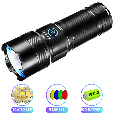 фонарь ak180 white laser led pm30-tg, 1х38650, power bank, зу type-c, zoom, 5 фильтров, оптом, купить