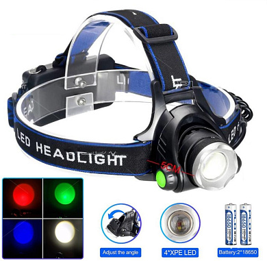 фонарь налобный pld-v9-f-4xpe (white+red+blue+green), 2x18650, зу type-c, zoom, box, оптом, купить