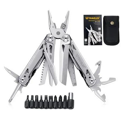 мультитул тактический traveler mq064dg silver 28 в 1, комплект бит, с чехлом, с плоскогубцами 16,2см, оптом, купить