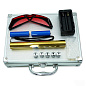 Фонарь-лазер синий YX-B008 GOLD, 2x16340, 5 насадок, CASE, GLASSES, ЗУ 220V