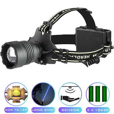 фонарь налобный bl-h2-tg-60w, motion sensor, 3x18650, power bank, зу type-c, zoom, box, оптом, купить