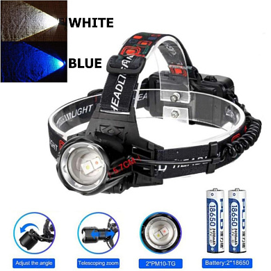 фонарь налобный pld-t115-2pm10-tg(white+blue), 2x18650, зу type-c, zoom, box, оптом, купить
