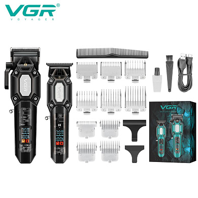 комплект vgr 2 в 1 v-600&900 black, аккумуляторная машинка для стрижки (clipper) и триммер, 10 насадок, led display, 7000 rpm, оптом, купить
