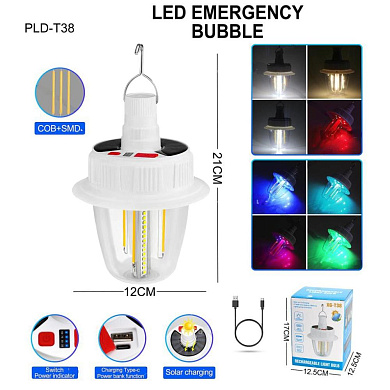 светодиодная led лампа с аккумулятором t38-cob+smd(rgb), 2x18650, солнечная батарея, крюк, зу type-c, оптом, купить