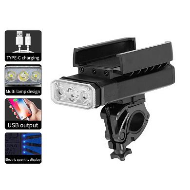 велофонарь bk09/z-03-3t6, power bank, li-ion аккумулятор, зу type-c, крепление под телефон, оптом, купить