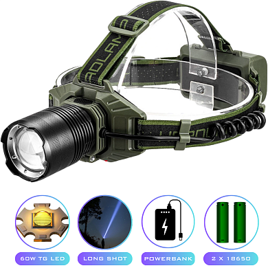 фонарь налобный ct023-tg-60w, power bank, 2x18650, зу type-c, zoom, оптом, купить