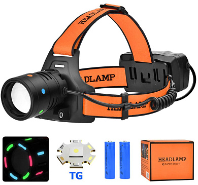 фонарь налобный night vision fluorescence bl-t210-tg, 2x18650, 1 режим, зу type-c, zoom, оптом, купить