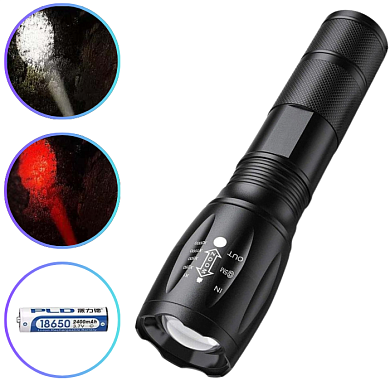 фонарь 1831-2xpe(white+red), 1x18650, зу type-c, zoom, box, оптом, купить