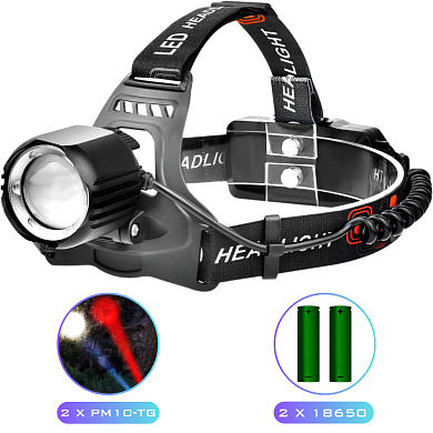 фонарь налобный pld-t115-2pm10-tg(white+red), 2x18650, зу type-c, zoom, box, оптом, купить