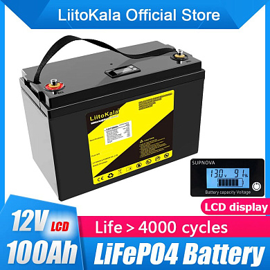 аккумулятор lifepo4, liitokala, 12v 100ah, с lcd дисплеем, bms smart плата, оптом, купить
