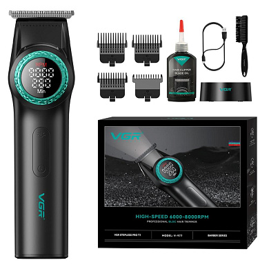 триммер vgr v-977 black, регулировка мощности 6000 - 8000 rpm, 2500 mah, 4 насадки, led display, оптом, купить