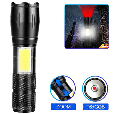 фонарь c609-t6(red)+cob(white), li-ion аккум., зу microusb, zoom, box, оптом, купить