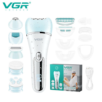 эпилятор vgr 6 в 1 v-733 blue, 12 насадок, ipx7, led display, оптом, купить